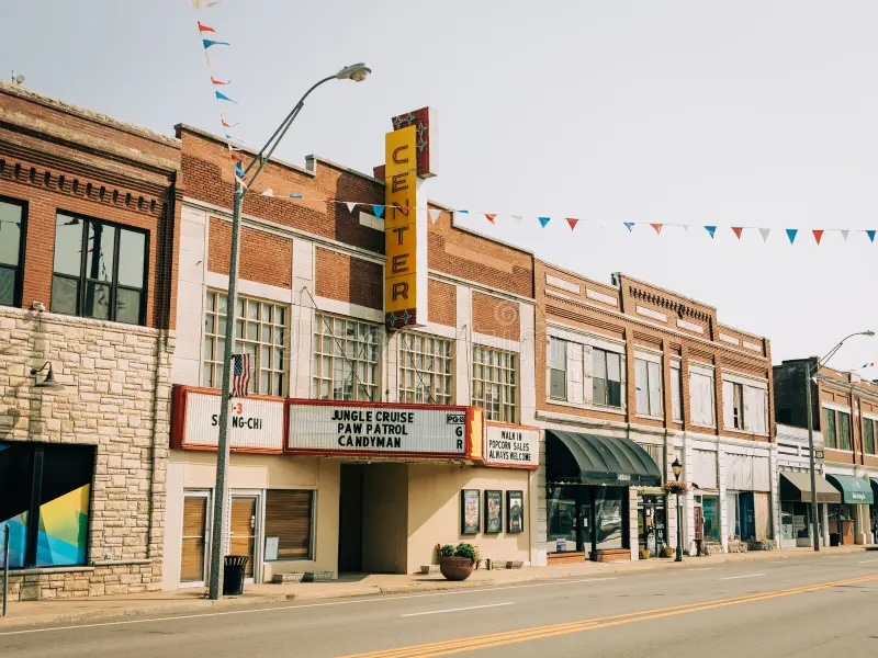 Historic Center Theater on Route 66 storefront in downtown Vinita, Oklahoma - Movie theater since 1921